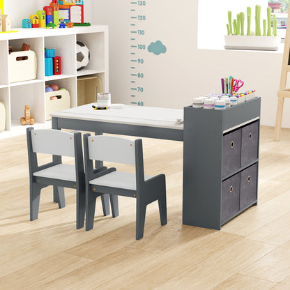 Kids Art Table and Chairs Set with 2 Chairs and Paper Roll-Gray