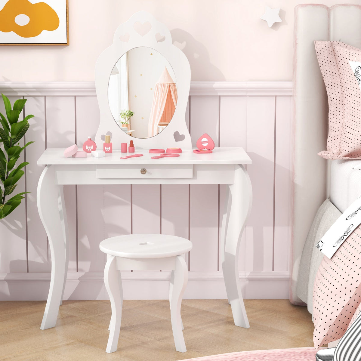 Kids Princess Makeup Dressing Play Table Set with Mirror-Off White