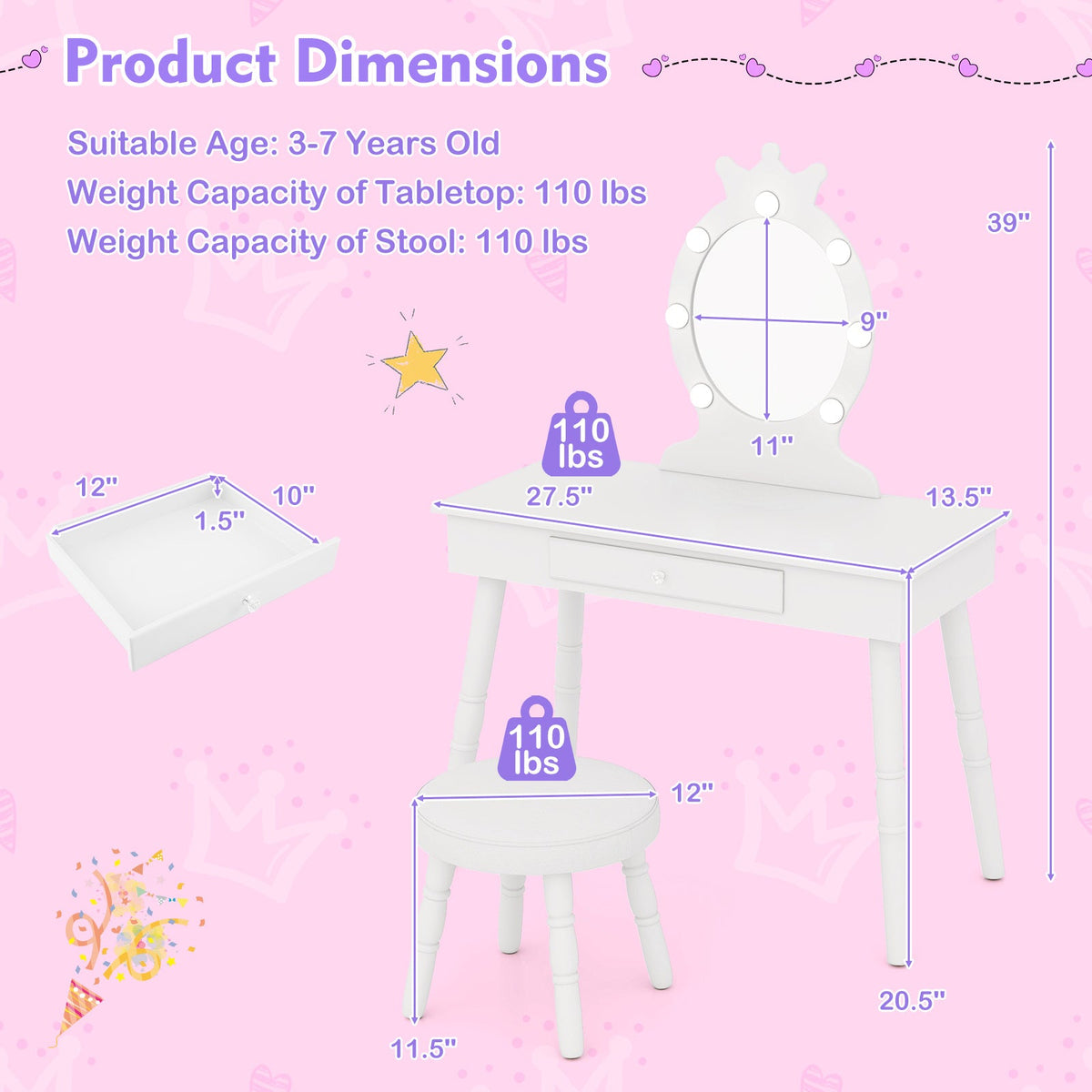 Kids Vanity Set with Lighted Mirror with Adjustable Brightness and Large Drawer-White
