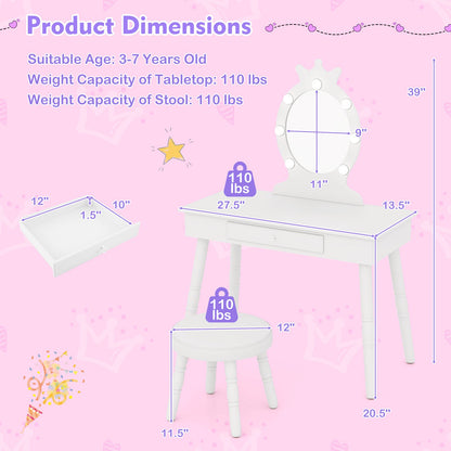 Kids Vanity Set with Lighted Mirror with Adjustable Brightness and Large Drawer-White