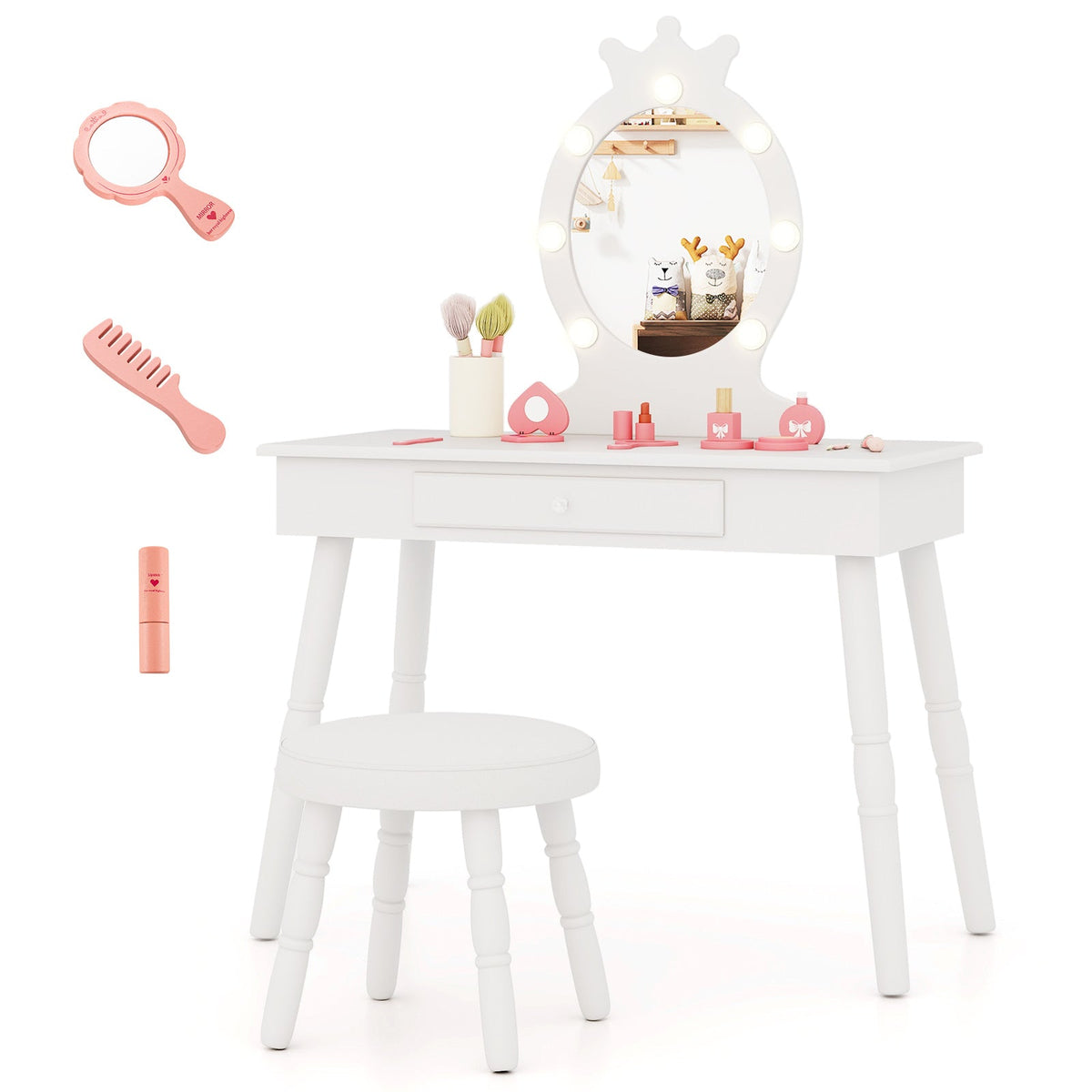 Kids Vanity Set with Lighted Mirror with Adjustable Brightness and Large Drawer-White