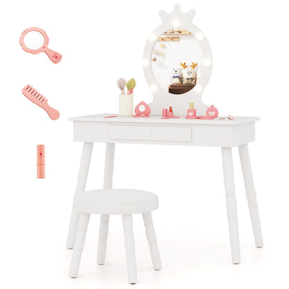 Kids Vanity Set with Lighted Mirror with Adjustable Brightness and Large Drawer-White