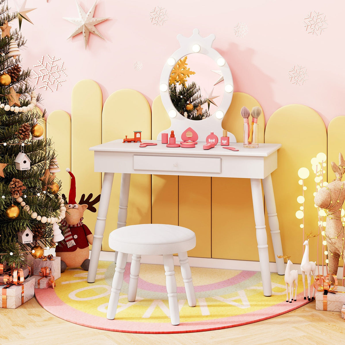 Kids Vanity Set with Lighted Mirror with Adjustable Brightness and Large Drawer-White
