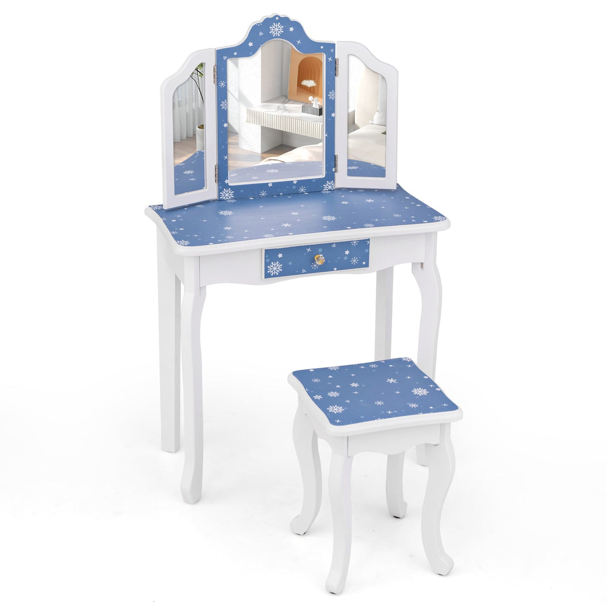 Princess Pretend Play Makeup Table and Stool Set with Tri-folding Mirror-Blue
