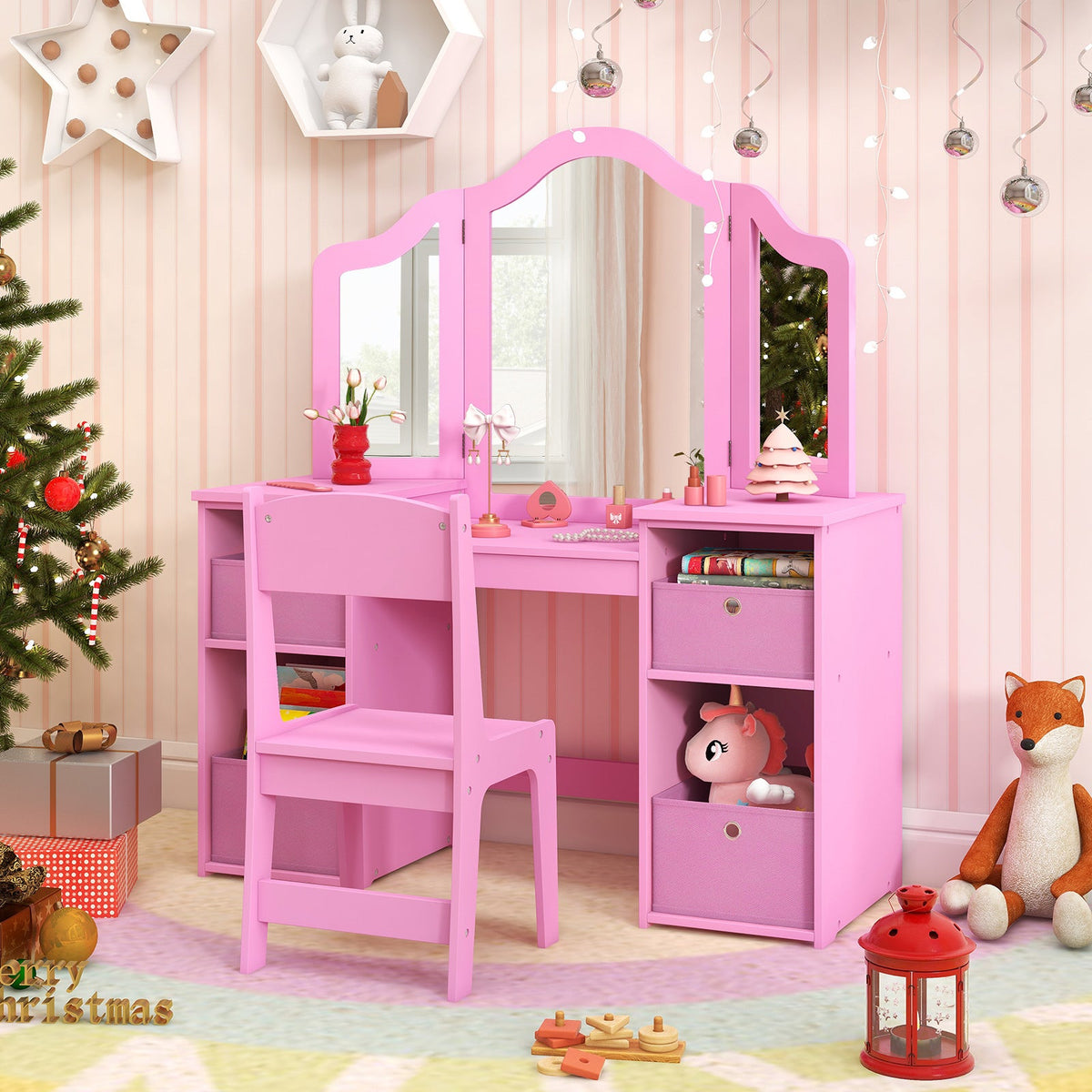 Kids Vanity Table and Chair Set with Removable Mirrors and 4 Storage Bins
