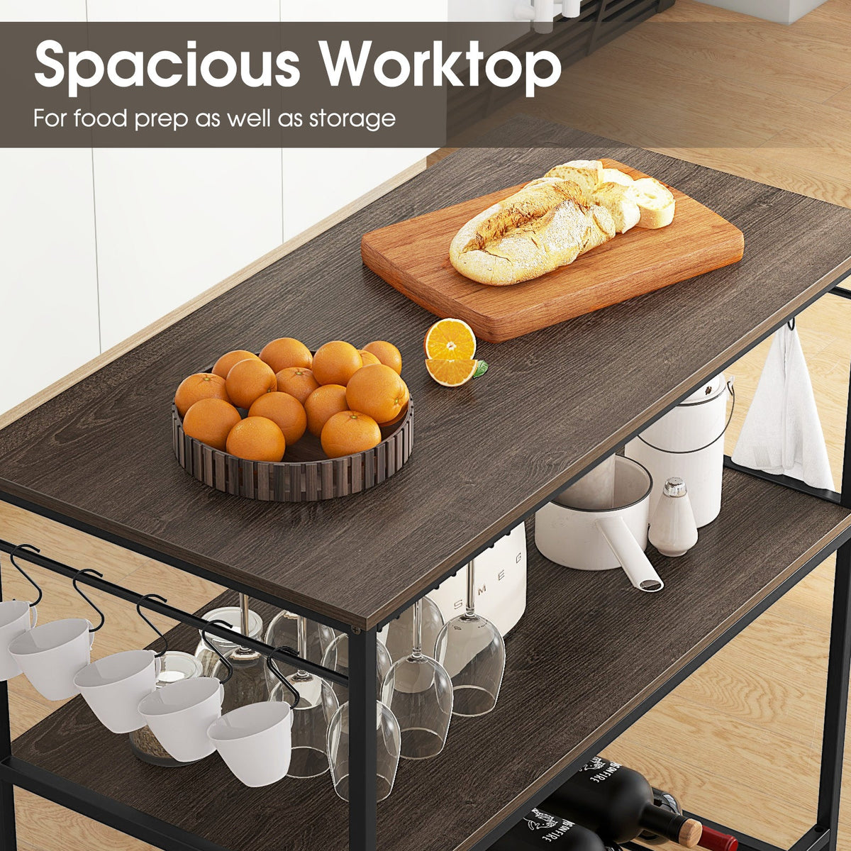 Kitchen Island with 3 Shelves Wine Glass Holders and 10 Hooks-Gray