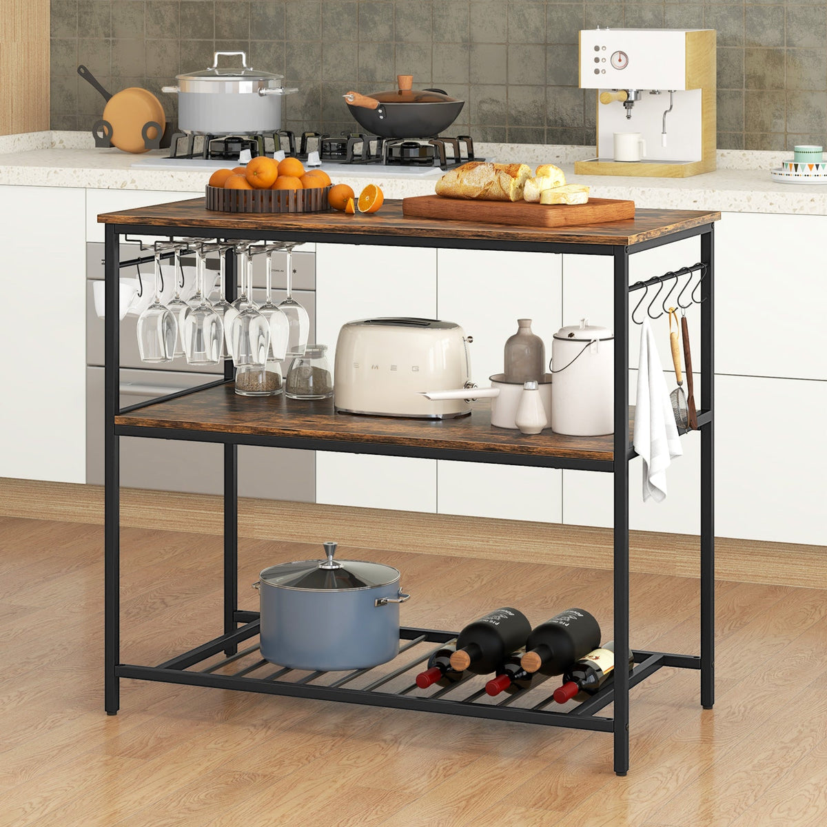 3 Shelves Kitchen Island Industrial Prep Table with Bottom Wine Rack-Rustic Brown