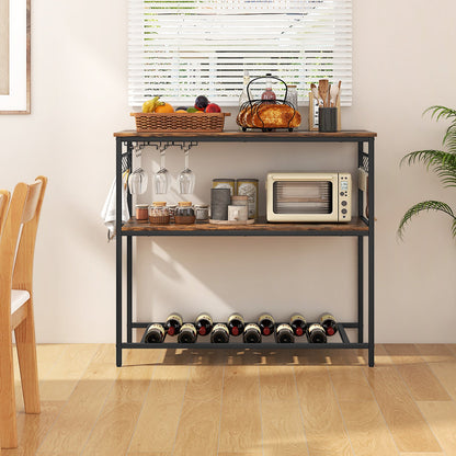 3 Shelves Kitchen Island Industrial Prep Table with Bottom Wine Rack-Rustic Brown