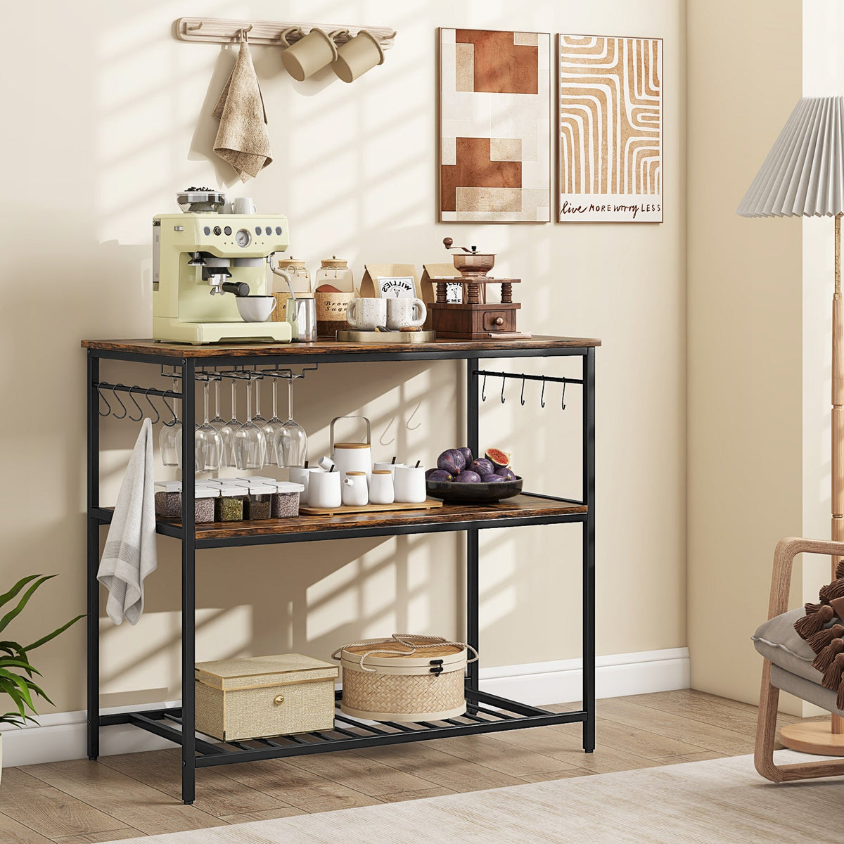 3 Shelves Kitchen Island Industrial Prep Table with Bottom Wine Rack-Rustic Brown