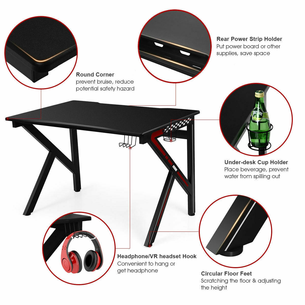 K-Shaped Gaming Desk with Cup Holder Headphone
