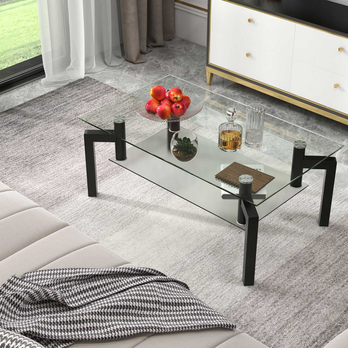 2-Tier Rectangular Glass Coffee Table with Metal Tube Legs-Black