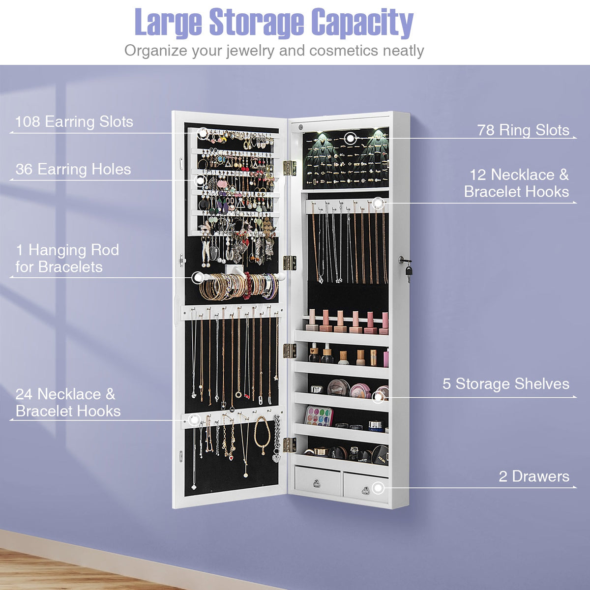 Lockable Wall Mount Mirrored Jewelry Cabinet with LED Lights