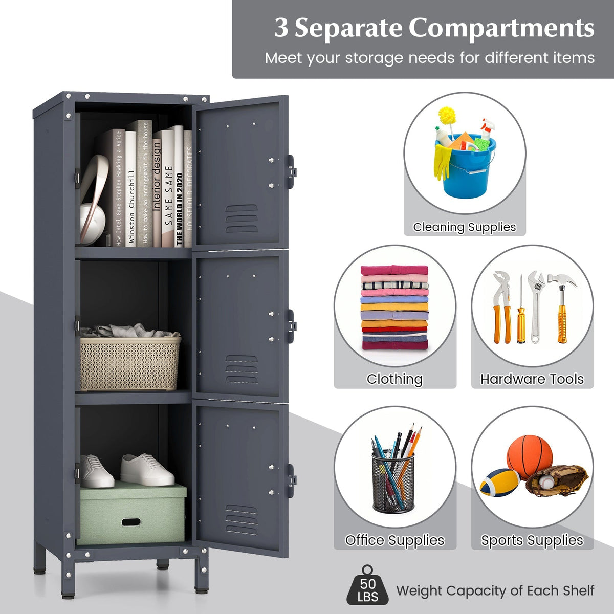 Metal Storage Locker with 3 Lockable Doors and Adjustable Feet