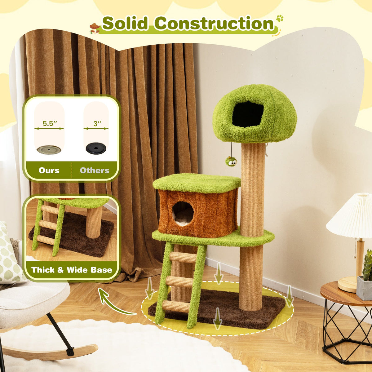 Cute Cat Tree for Indoor Cats with Mushroom-shaped Nest Condo and Climbing Ladder-Green