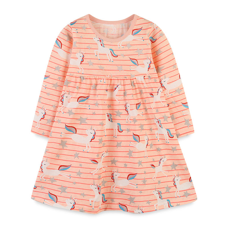 Baby Girl Striped And Unicorn Print Pattern A-Line Design Dress