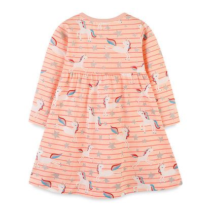 Baby Girl Striped And Unicorn Print Pattern A-Line Design Dress