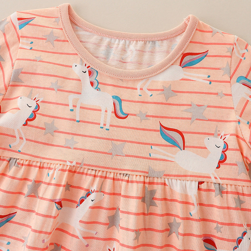 Baby Girl Striped And Unicorn Print Pattern A-Line Design Dress