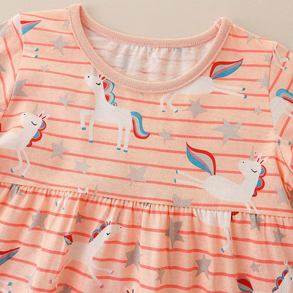 Baby Girl Striped And Unicorn Print Pattern A-Line Design Dress