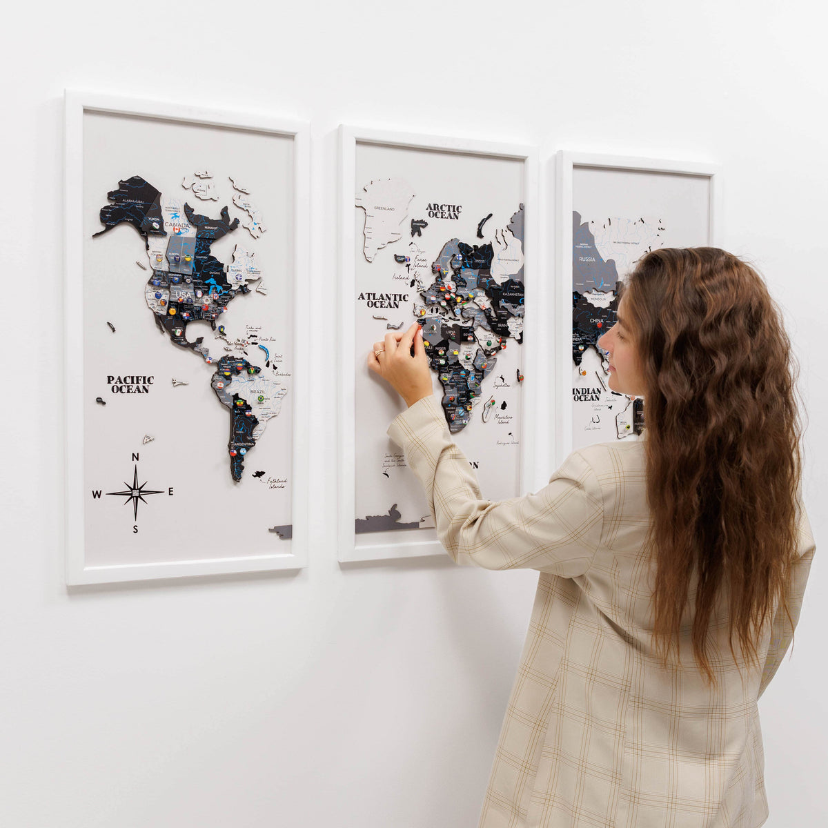 Triptych Wall Art - Wooden World Map (Nordik)