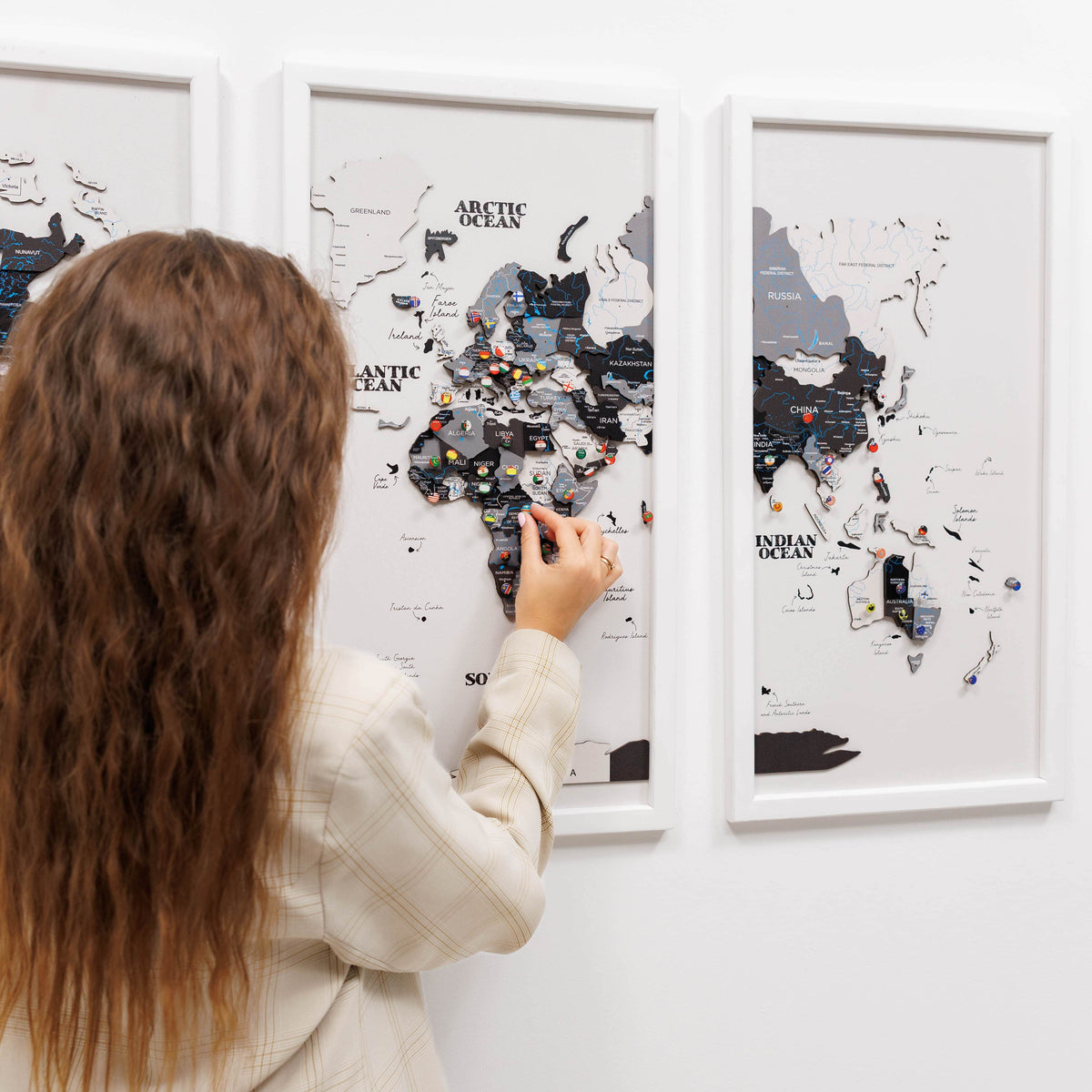 Triptych Wall Art - Wooden World Map (Nordik)