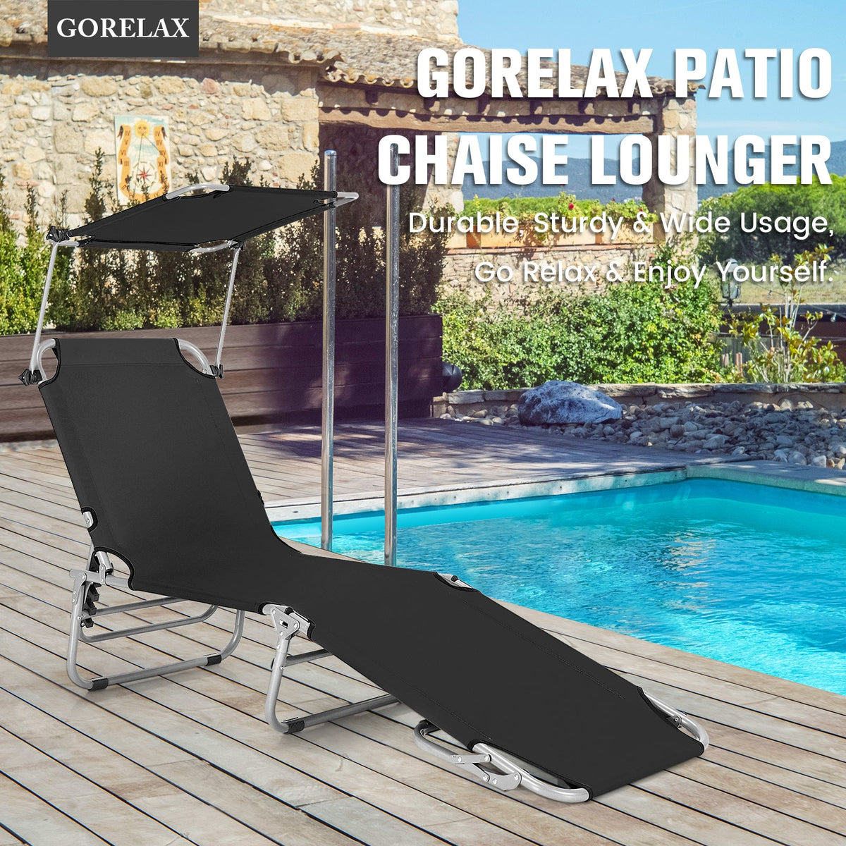 Adjustable Outdoor Beach Patio Pool Recliner with Sun Shade