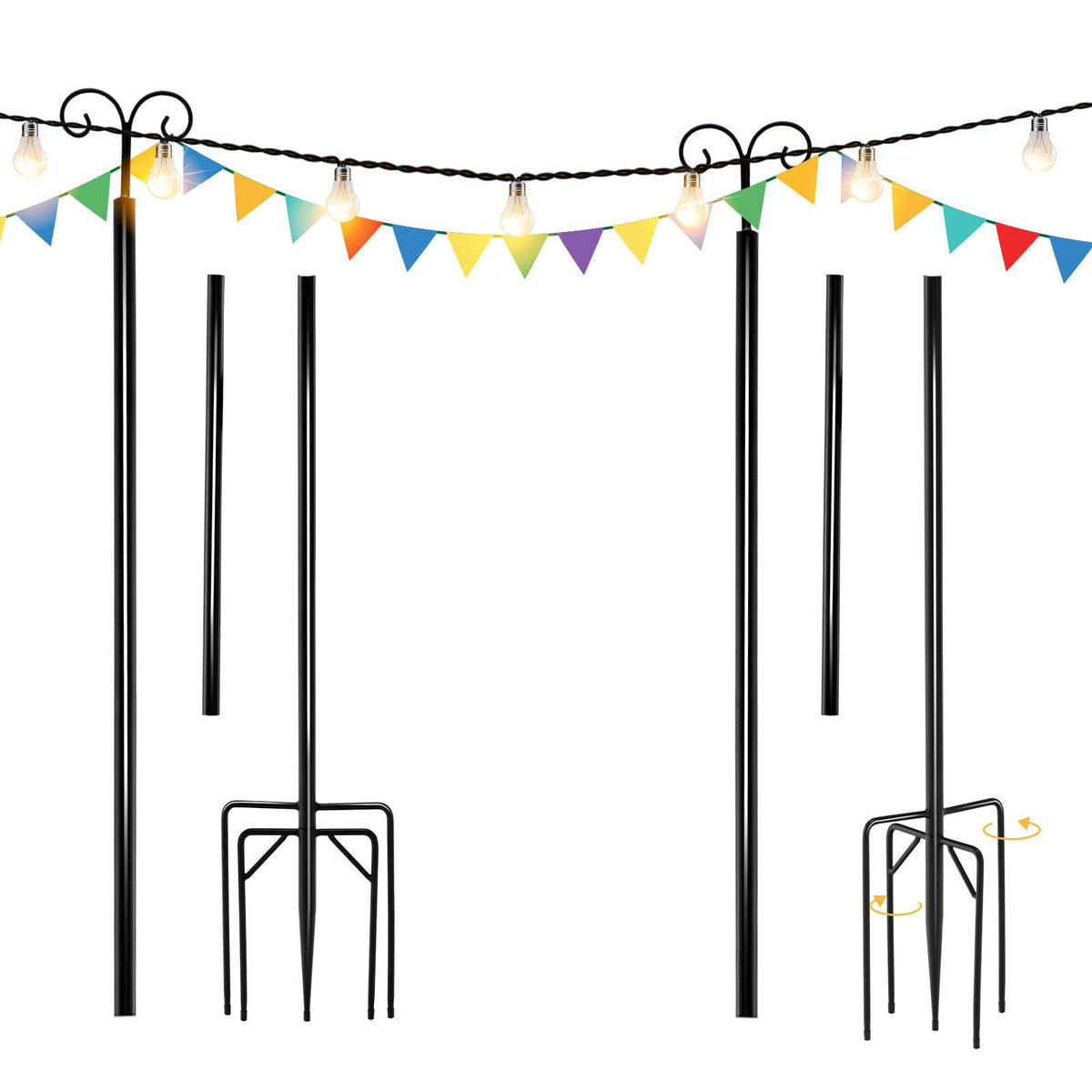 String Light Poles 2 Pack Outdoor Metal Poles with Top Arc Hook and 5-Prong Base