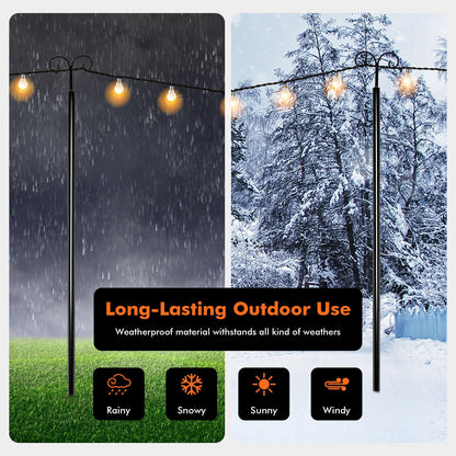 String Light Poles 2 Pack Outdoor Metal Poles with Top Arc Hook and 5-Prong Base