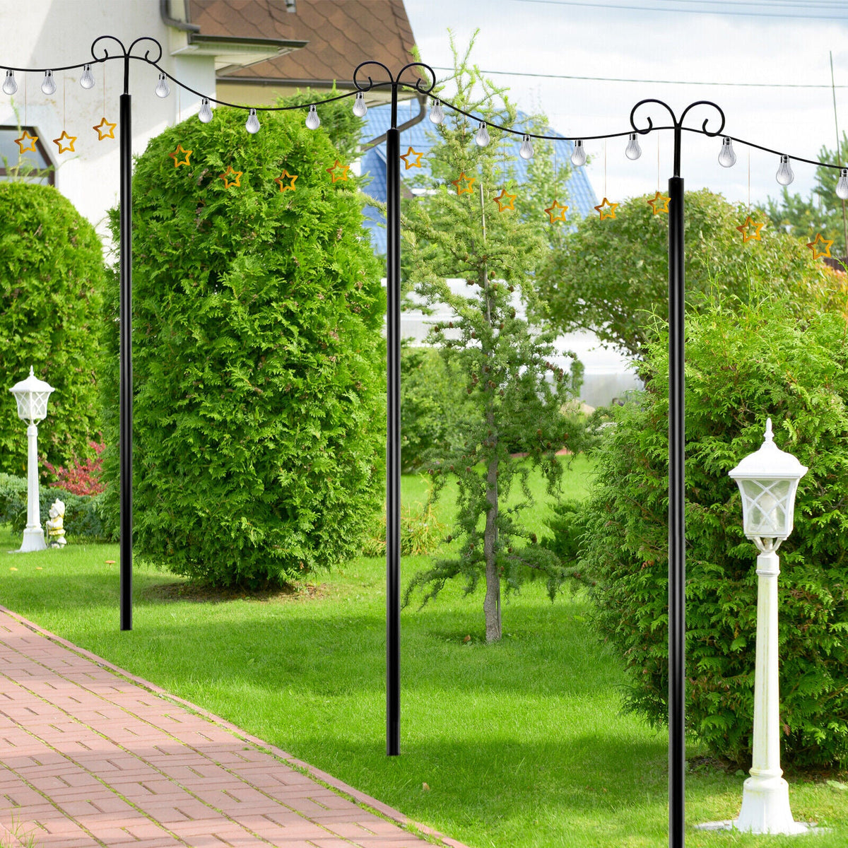 String Light Poles 2 Pack Outdoor Metal Poles with Top Arc Hook and 5-Prong Base