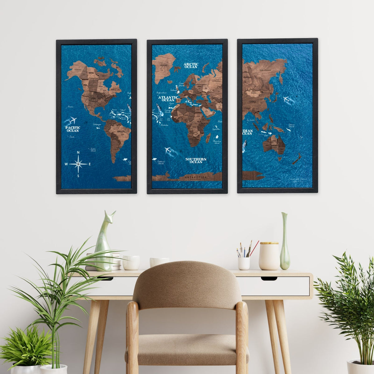 Triptych Wooden World Map (Dark Walnut)