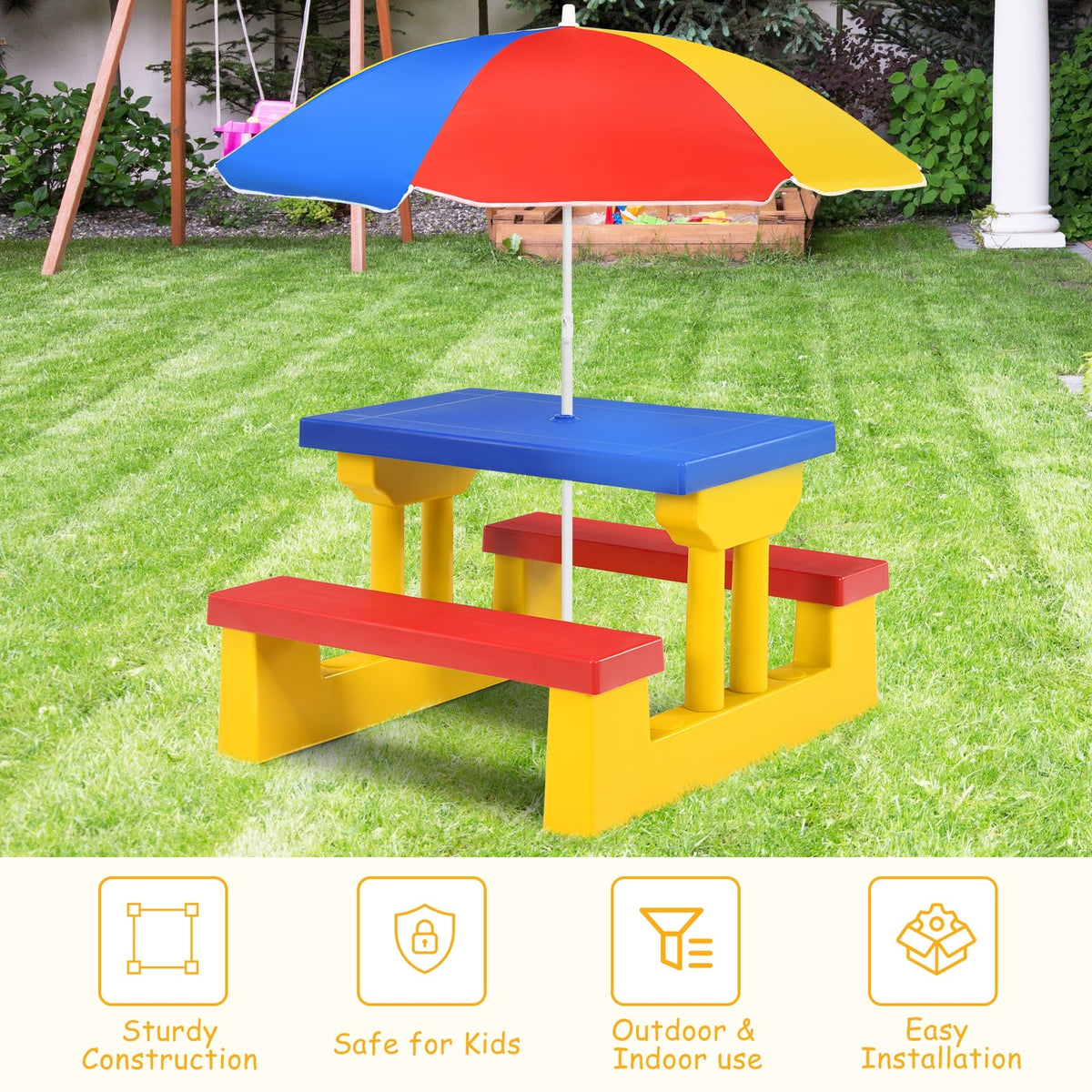 Kids Picnic Folding Table and Bench with Umbrella