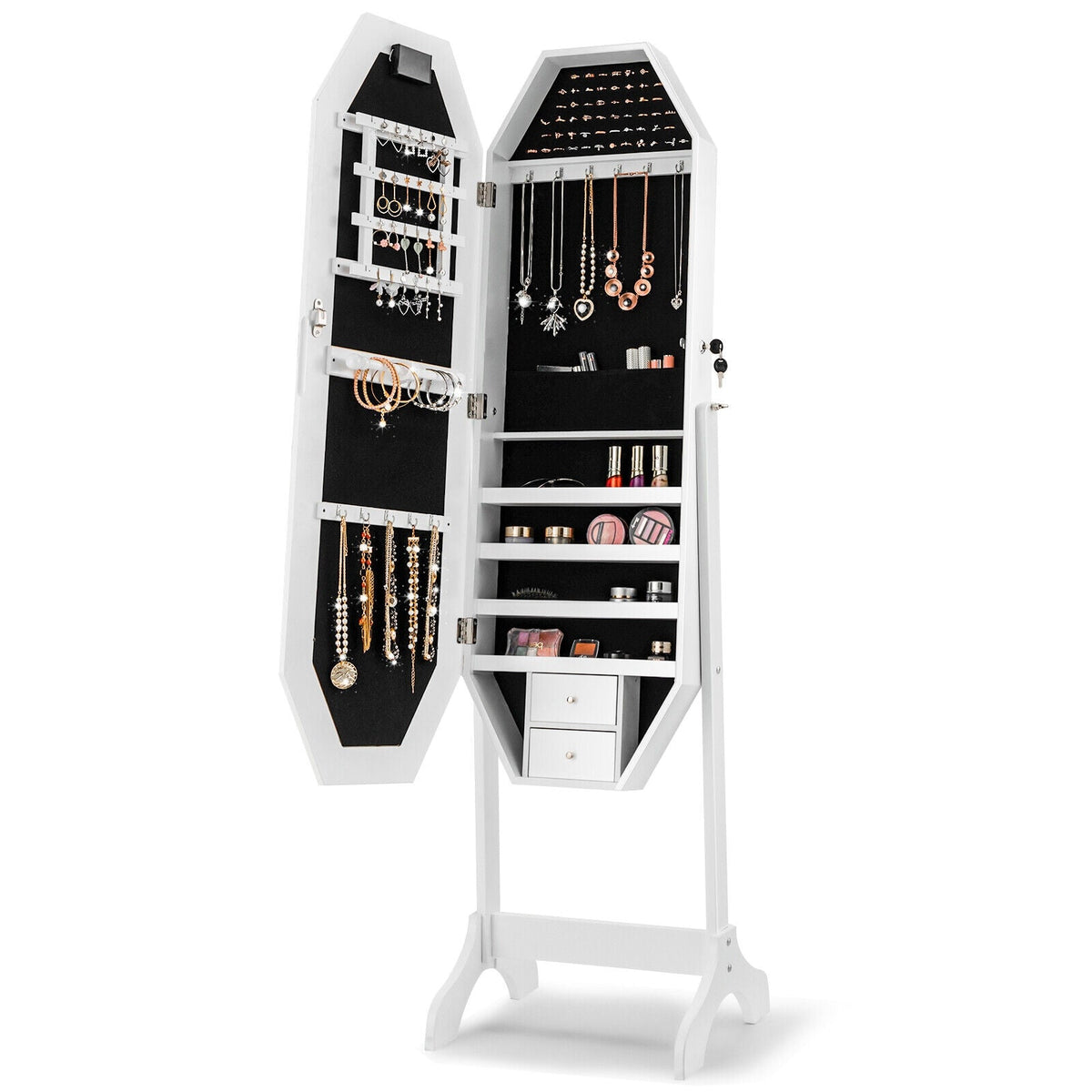 Standing Jewelry Cabinet Armoire Organizer LED Light Mirror Lockable White