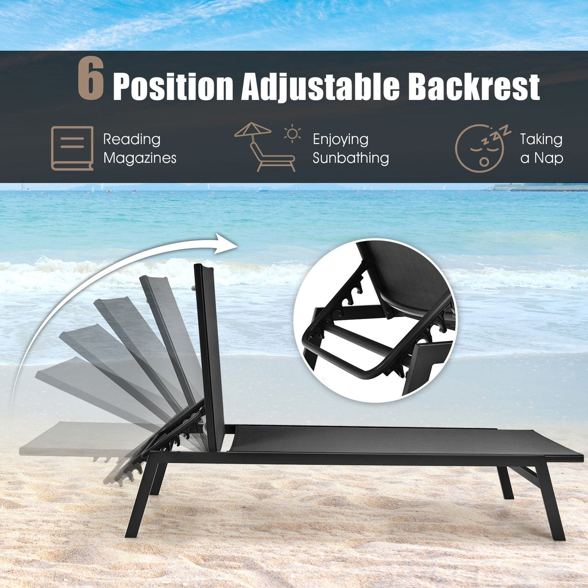 Outdoor Reclining Chaise Lounge Chair with 6-Position Adjustable Back