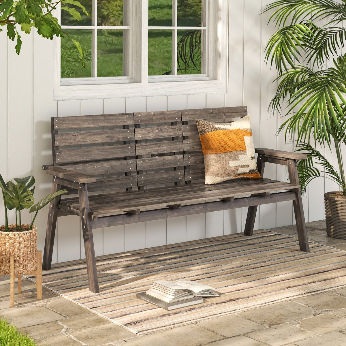 Outdoor Fir Wood Bench with Foldable Middle Table