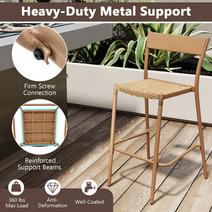 Patio Barstools Set of 2 with Rattan Seat and Metal Backrest-Light Brown