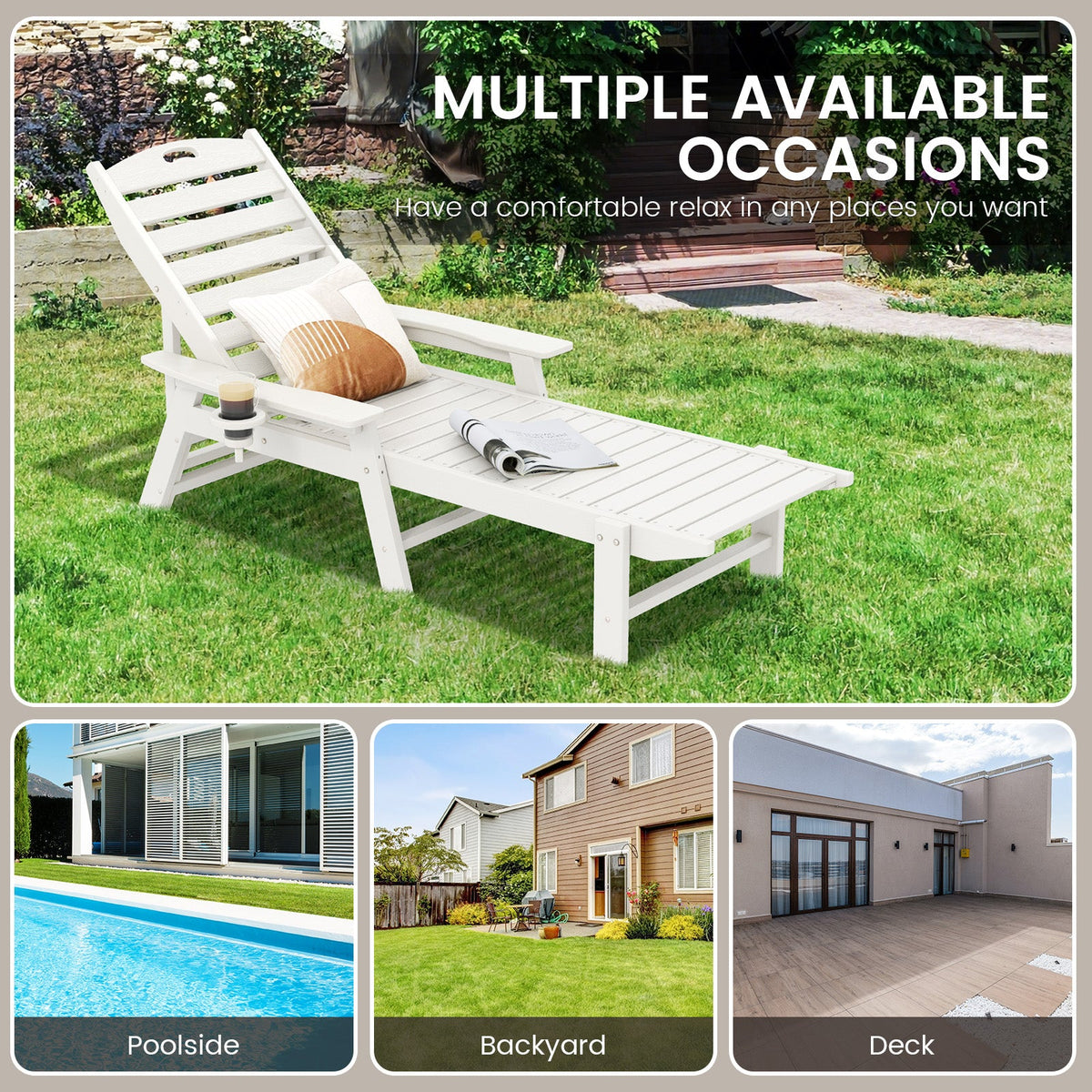 Patio Chaise Lounge Chair with 4 Position Backrest-White
