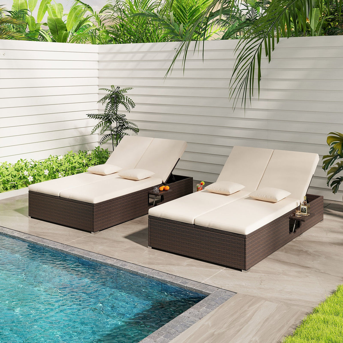 Patio Double Chaise Lounge with Cushions and Folding Side Trays