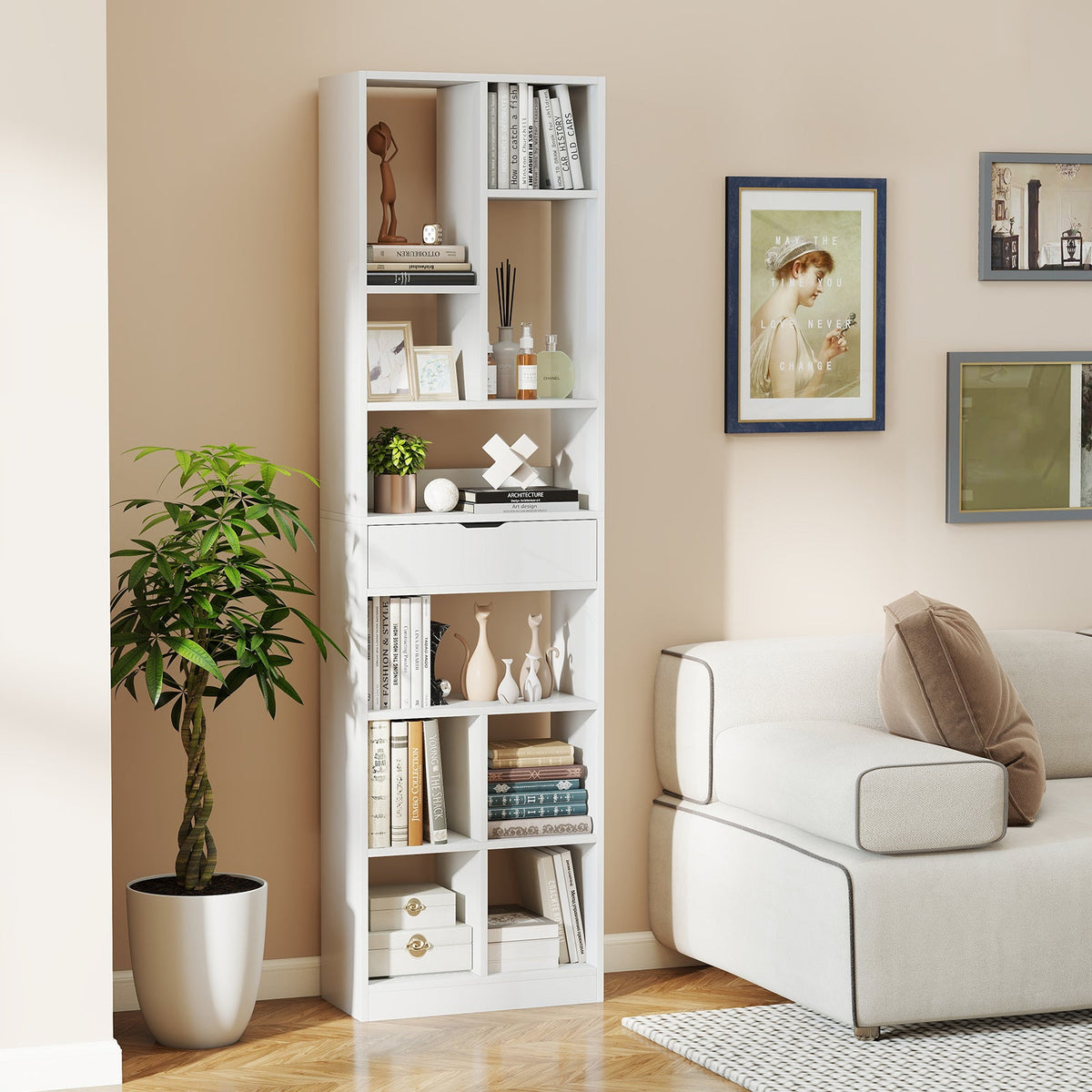 7-tier Bookshelf with Drawer 180cm Floor Standing Display Rack Storage Shelf-White