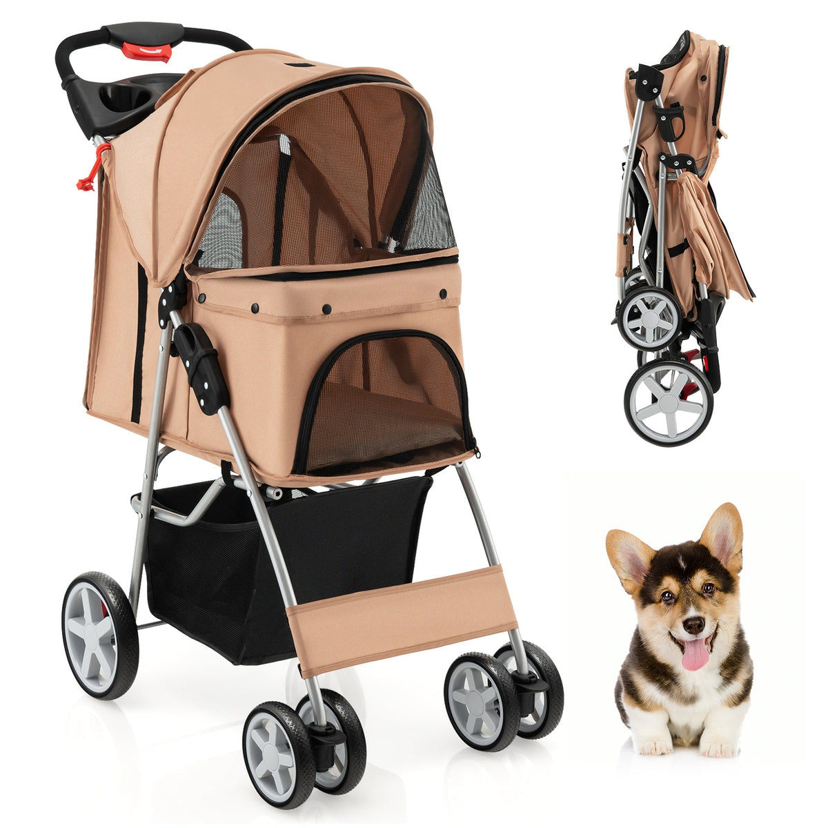 Folding Pet Stroller with Storage Basket and Adjustable Canopy-Beige