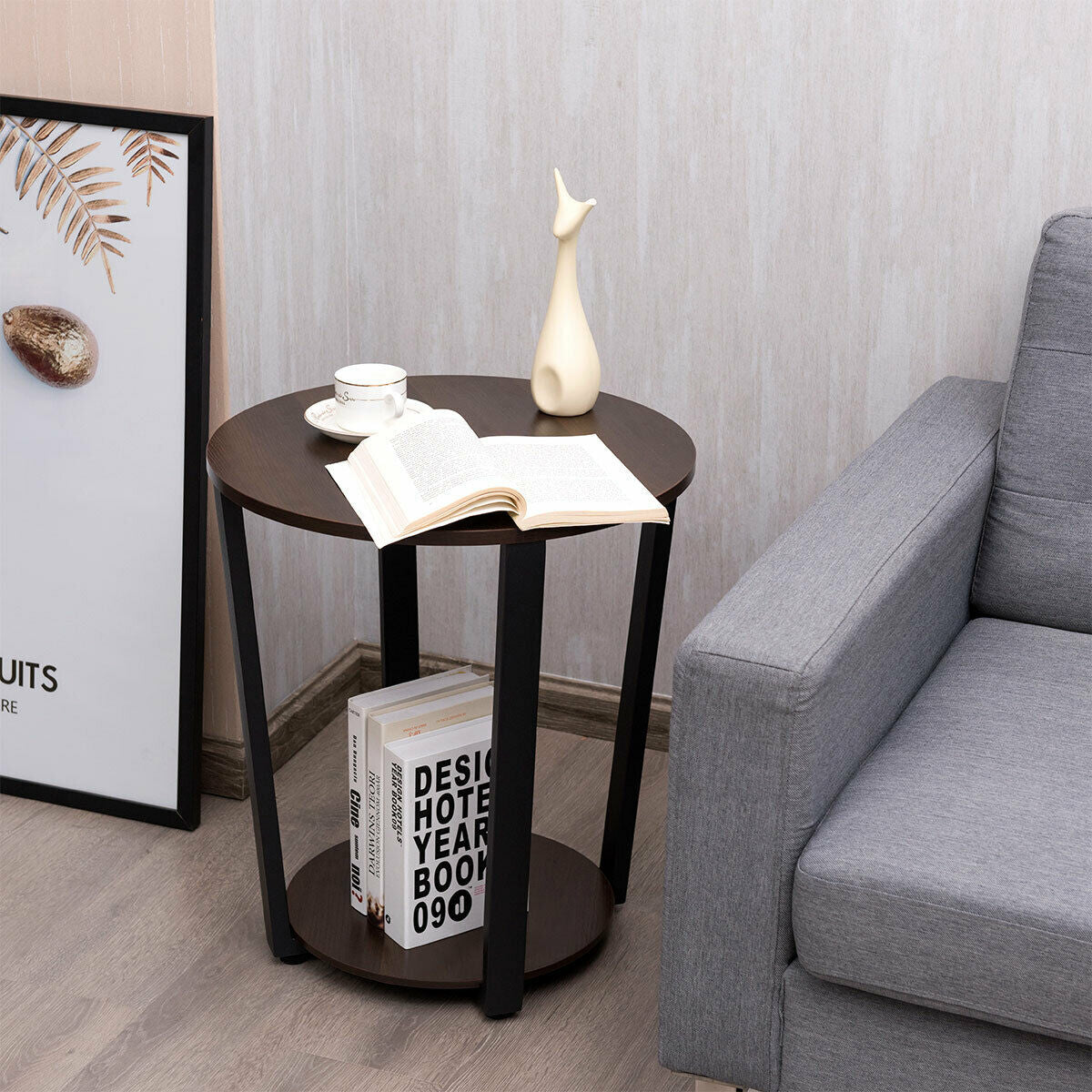 2-tier Round End Table with Storage Shelf & Metal Frame