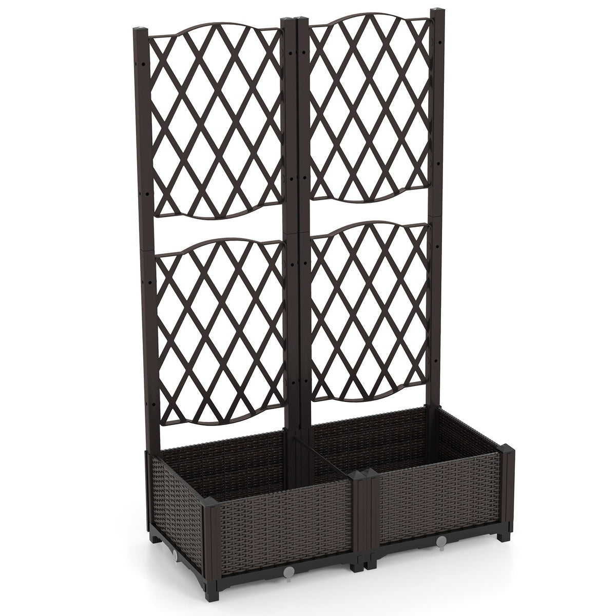 PE Rattan Raised Garden Bed with Trellis Planter Box for Climbing Plants-Brown