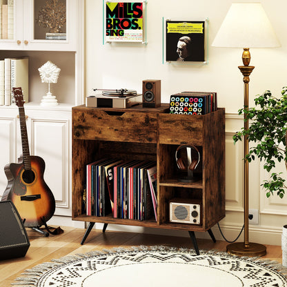 Record Player Stand with Power Outlet-Rustic Brown