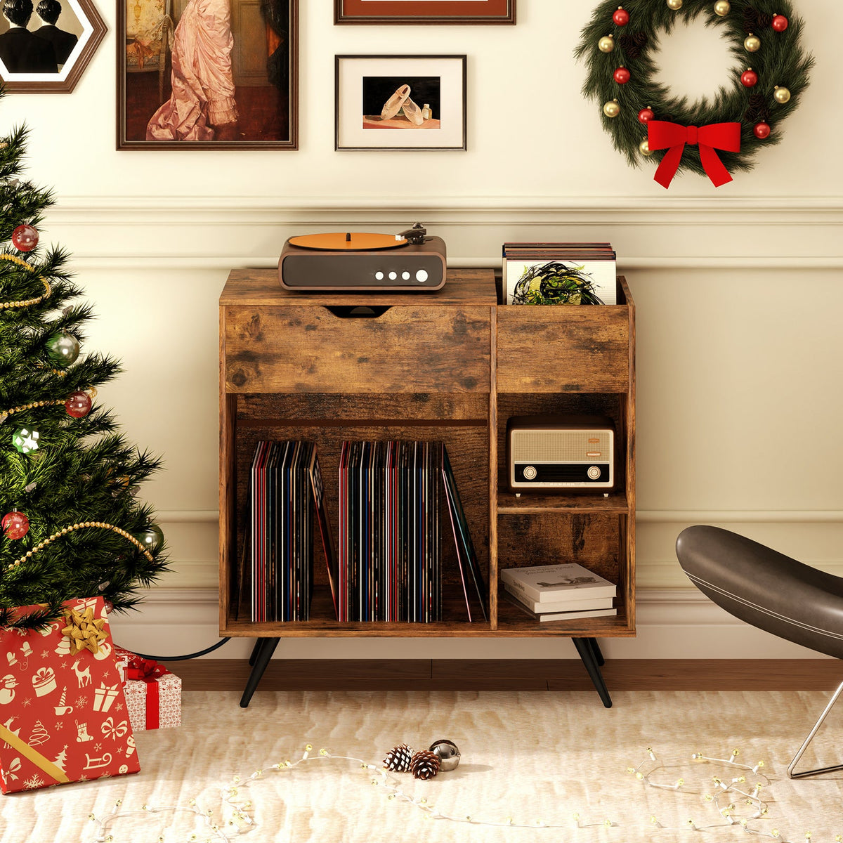 Record Player Stand with Power Outlet-Rustic Brown