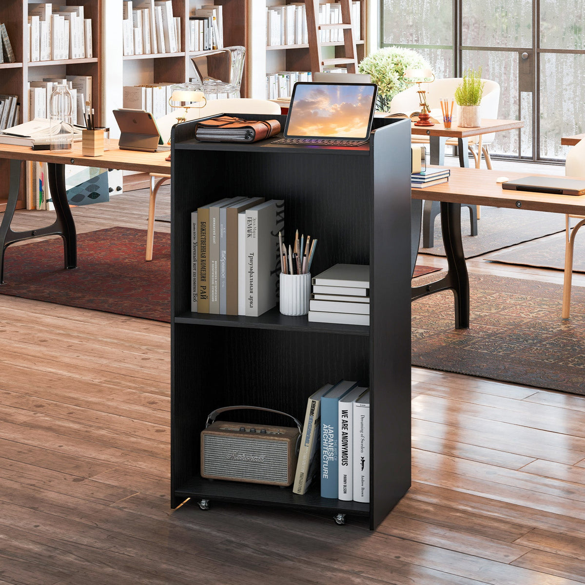 Rolling Podium Stand with 2 Shelves and Lockable Wheels
