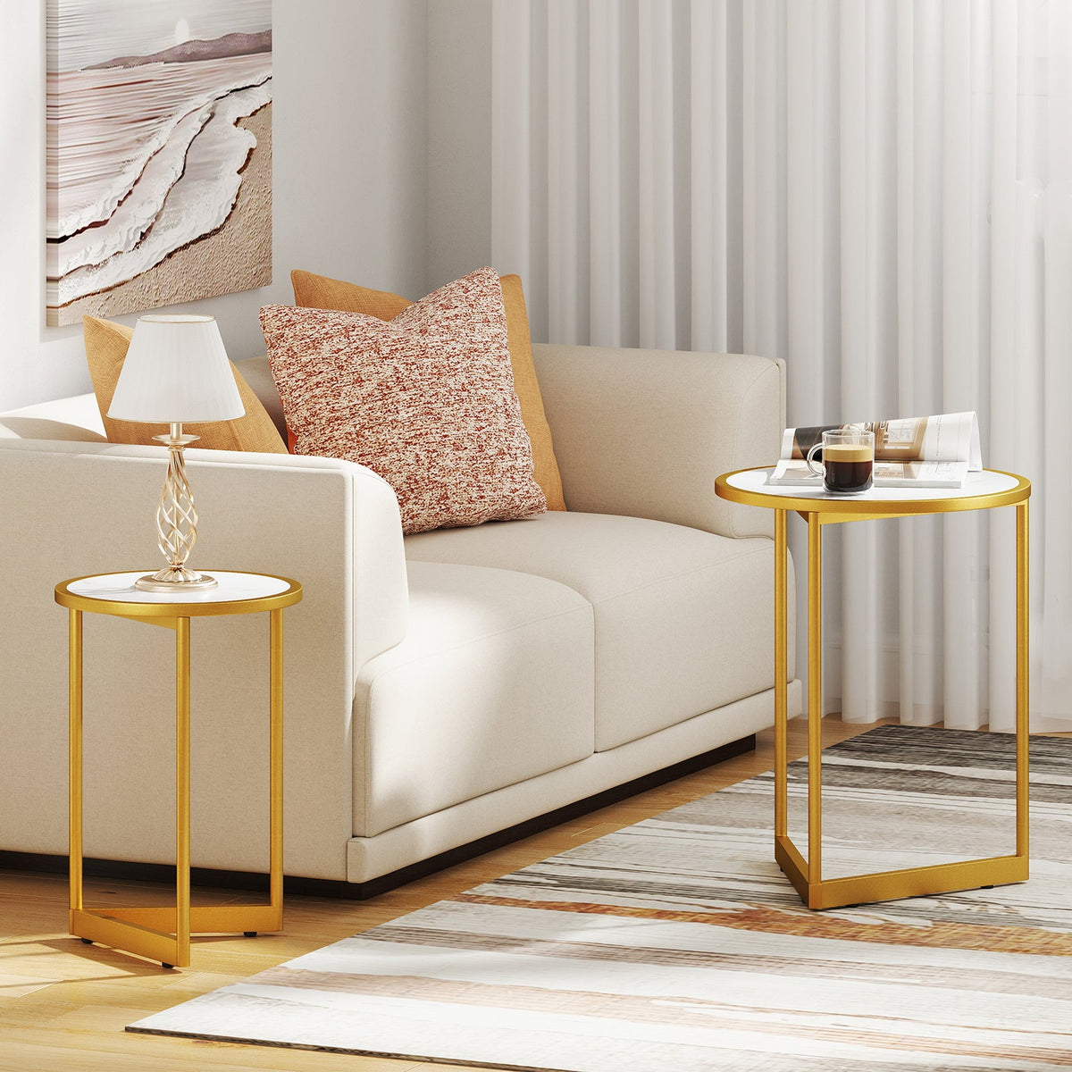 Round Nesting Table Set of 2 with Marble-like Tabletop-White