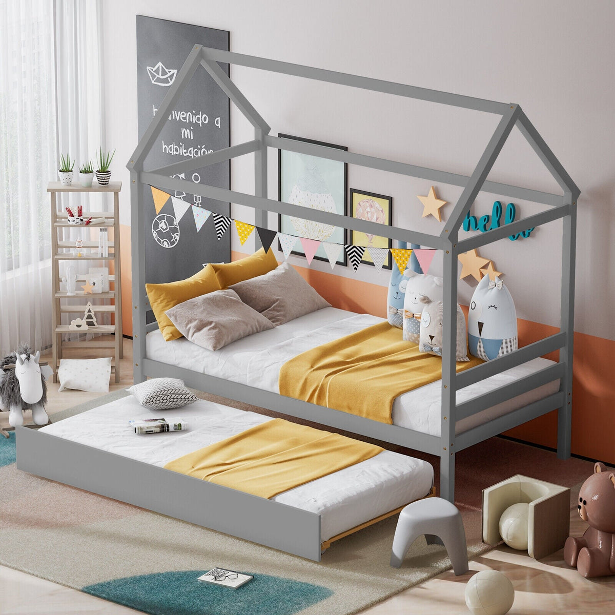 Kids Platform Bed Frame with Roof for Bedroom