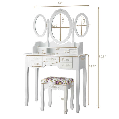 7 Drawer Tri-Folding Mirror Dressing Vanity Makeup Set