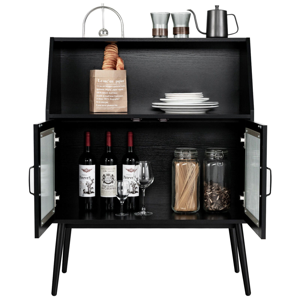 Kitchen Sideboard Buffet with Open Cubby and 2 Glass Doors-Black