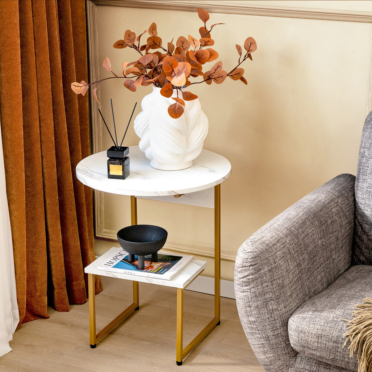 2-Tier Round End Beside Table with Metal Frame-White