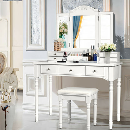 Makeup Dressing Table with Tri-Folding Mirror and Cushioned Stool for Women