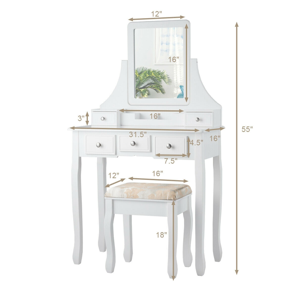 5 Drawers Removable Box Makeup Dressing Vanity Set